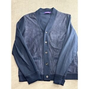 Ralph Lauren Purple label Cardigan Sweater Suede Trim Navy Men's L Made in Italy
